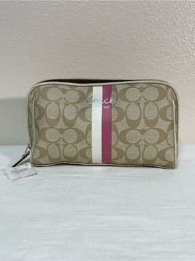 Coach Light Khaki Canvas Cosmetic Pouch with Pink Accent